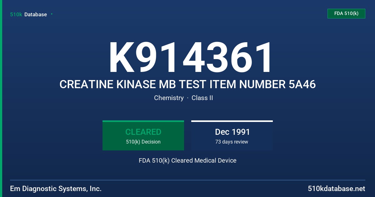 K914361 CREATINE KINASE MB TEST ITEM NUMBER 5A46 FDA 510(k) Cleared Medical Device