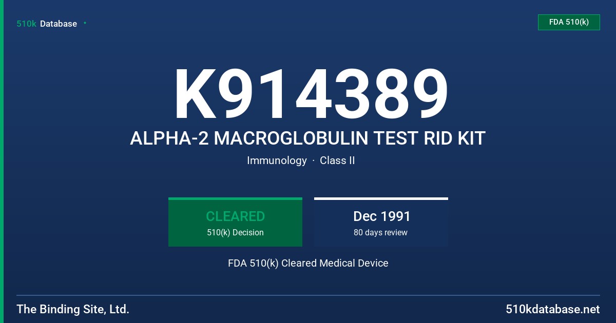 K914389 ALPHA-2 MACROGLOBULIN TEST RID KIT FDA 510(k) Cleared Medical Device