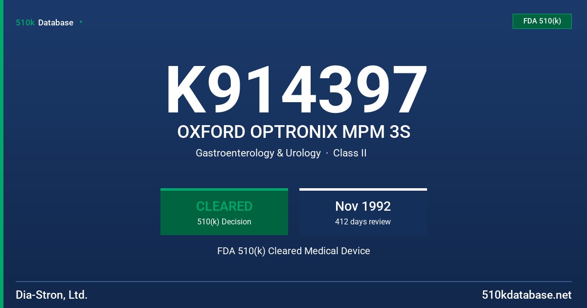 K914397 OXFORD OPTRONIX MPM 3S FDA 510(k) Cleared Medical Device