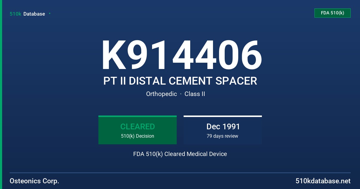 K914406 PT II DISTAL CEMENT SPACER FDA 510(k) Cleared Medical Device