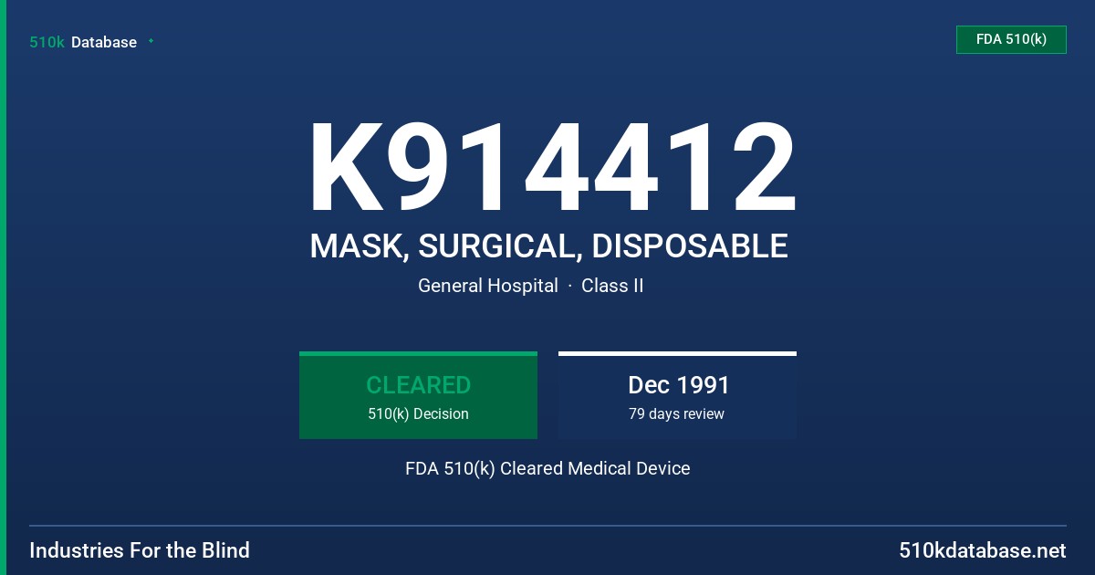 K914412 MASK, SURGICAL, DISPOSABLE FDA 510(k) Cleared Medical Device