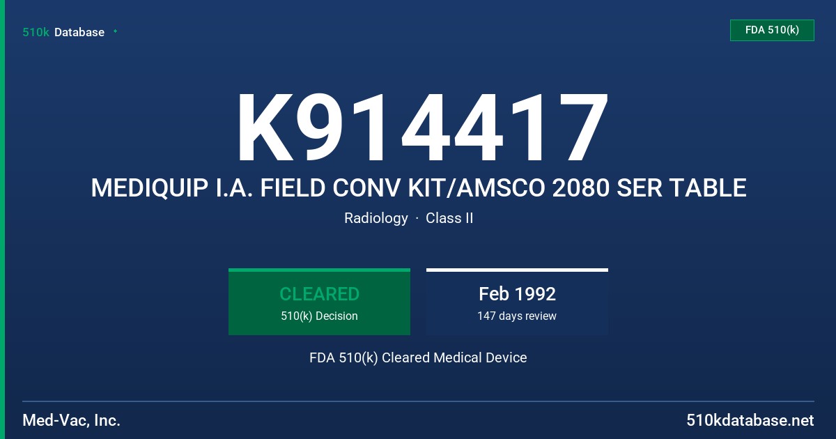 K914417 MEDIQUIP I.A. FIELD CONV KIT/AMSCO 2080 SER TABLE FDA 510(k) Cleared Medical Device