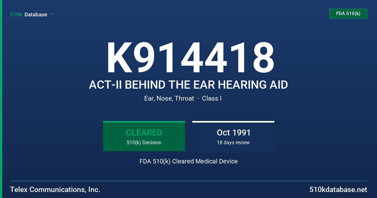 K914418 ACT-II BEHIND THE EAR HEARING AID FDA 510(k) Cleared Medical Device