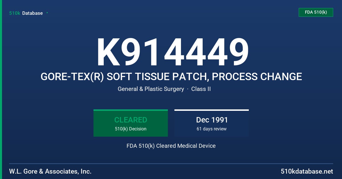 K914449 GORE-TEX(R) SOFT TISSUE PATCH, PROCESS CHANGE FDA 510(k) Cleared Medical Device