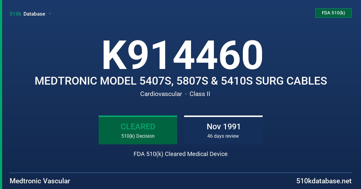 K914460 MEDTRONIC MODEL 5407S, 5807S & 5410S SURG CABLES FDA 510(k) Cleared Medical Device