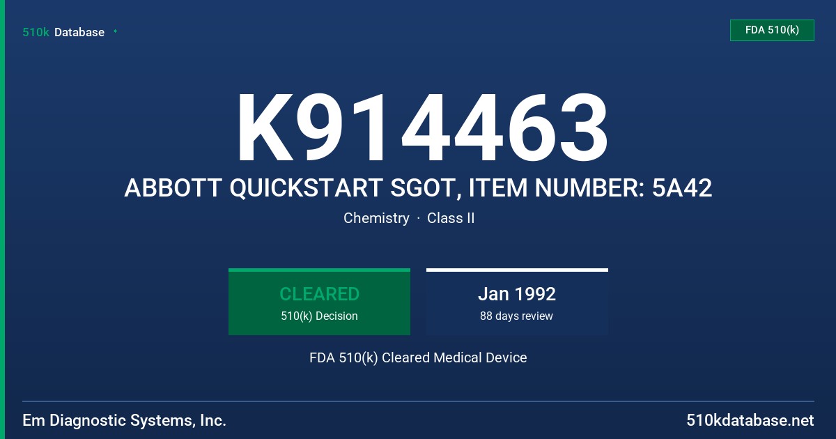 K914463 ABBOTT QUICKSTART SGOT, ITEM NUMBER: 5A42 FDA 510(k) Cleared Medical Device