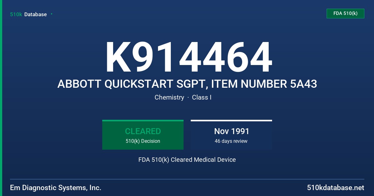 K914464 ABBOTT QUICKSTART SGPT, ITEM NUMBER 5A43 FDA 510(k) Cleared Medical Device