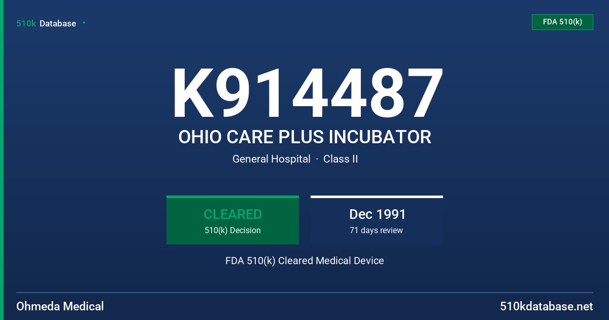 K914487 OHIO CARE PLUS INCUBATOR FDA 510(k) Cleared Medical Device