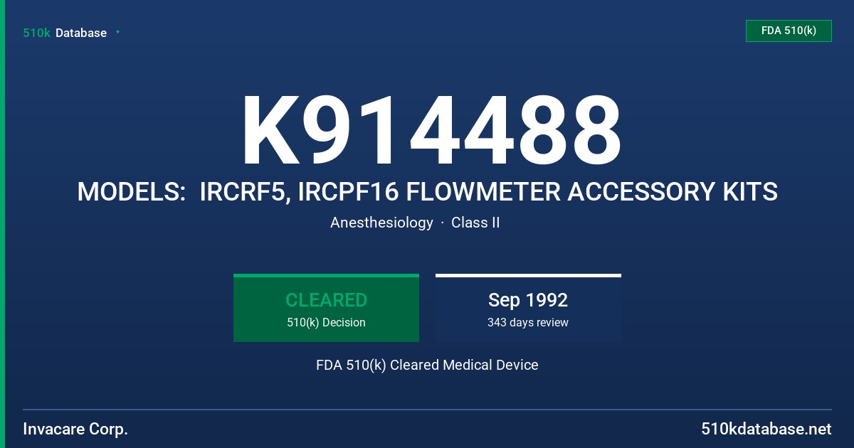 K914488 MODELS:  IRCRF5, IRCPF16 FLOWMETER ACCESSORY KITS FDA 510(k) Cleared Medical Device