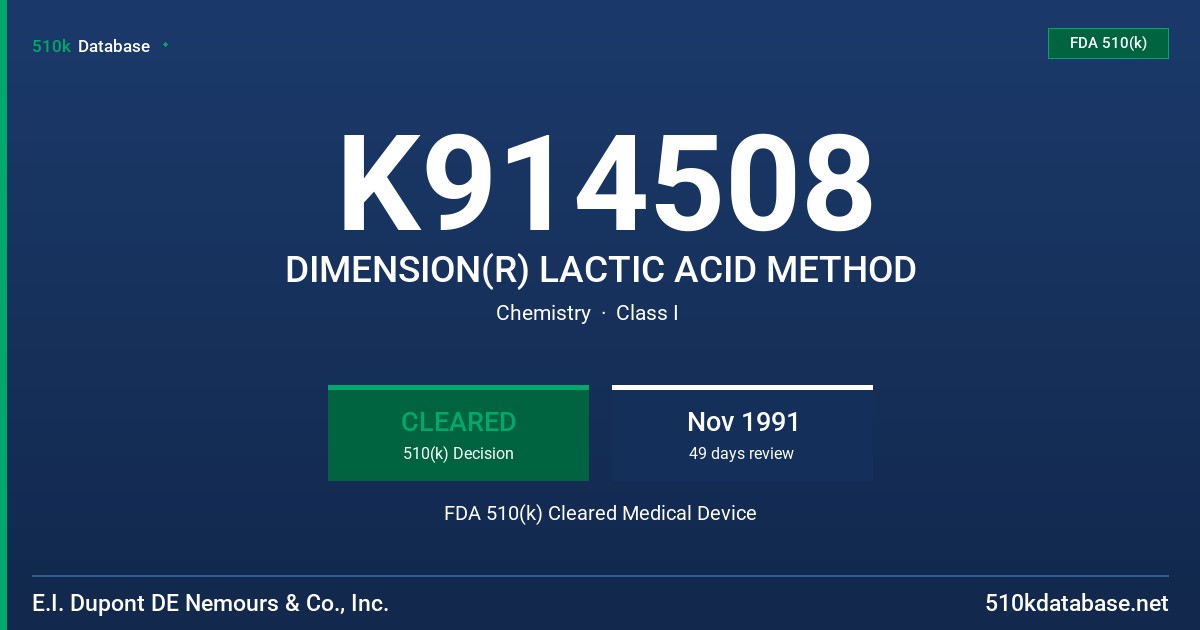 K914508 DIMENSION(R) LACTIC ACID METHOD FDA 510(k) Cleared Medical Device