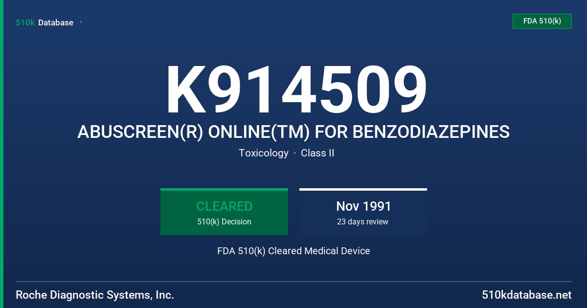 K914509 ABUSCREEN(R) ONLINE(TM) FOR BENZODIAZEPINES FDA 510(k) Cleared Medical Device