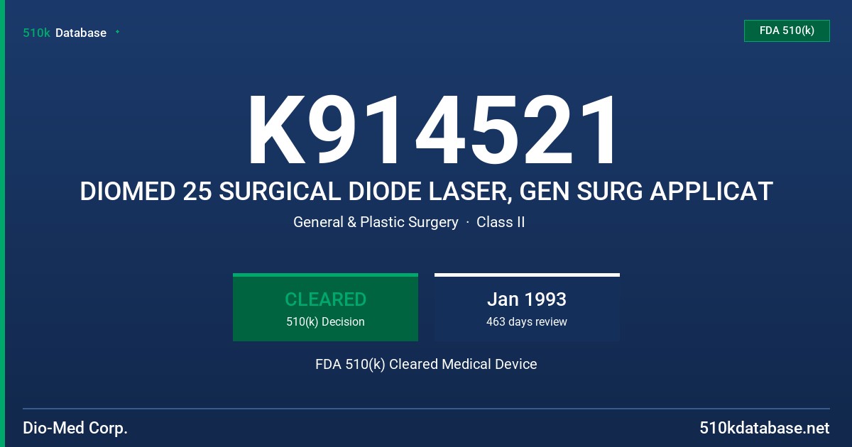 K914521 DIOMED 25 SURGICAL DIODE LASER, GEN SURG APPLICAT FDA 510(k) Cleared Medical Device