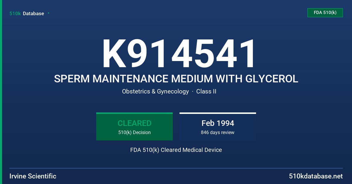 K914541 SPERM MAINTENANCE MEDIUM WITH GLYCEROL FDA 510(k) Cleared Medical Device