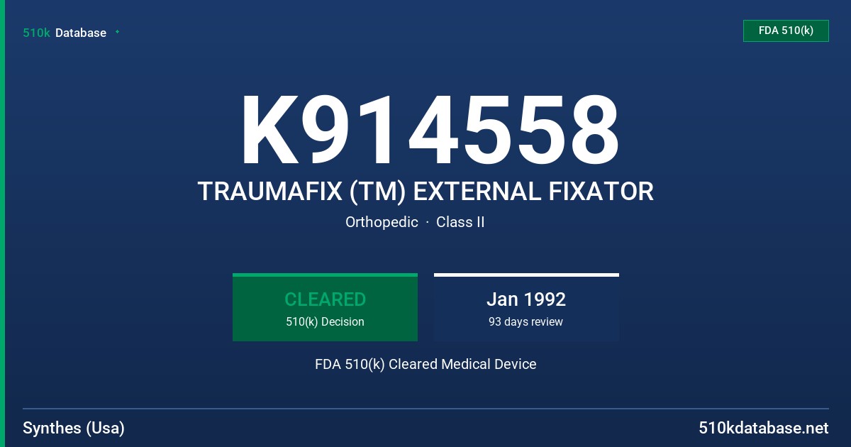 K914558 TRAUMAFIX (TM) EXTERNAL FIXATOR FDA 510(k) Cleared Medical Device