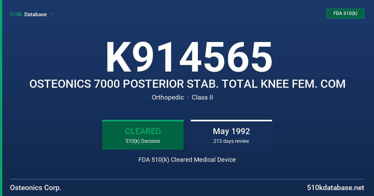 K914565 OSTEONICS 7000 POSTERIOR STAB. TOTAL KNEE FEM. COM FDA 510(k) Cleared Medical Device