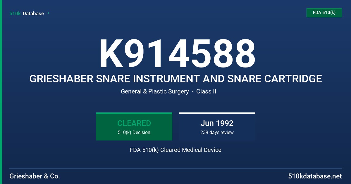 K914588 GRIESHABER SNARE INSTRUMENT AND SNARE CARTRIDGE FDA 510(k) Cleared Medical Device