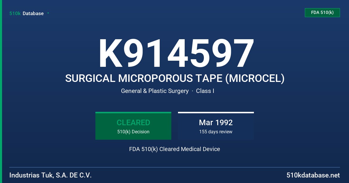 K914597 SURGICAL MICROPOROUS TAPE (MICROCEL) FDA 510(k) Cleared Medical Device