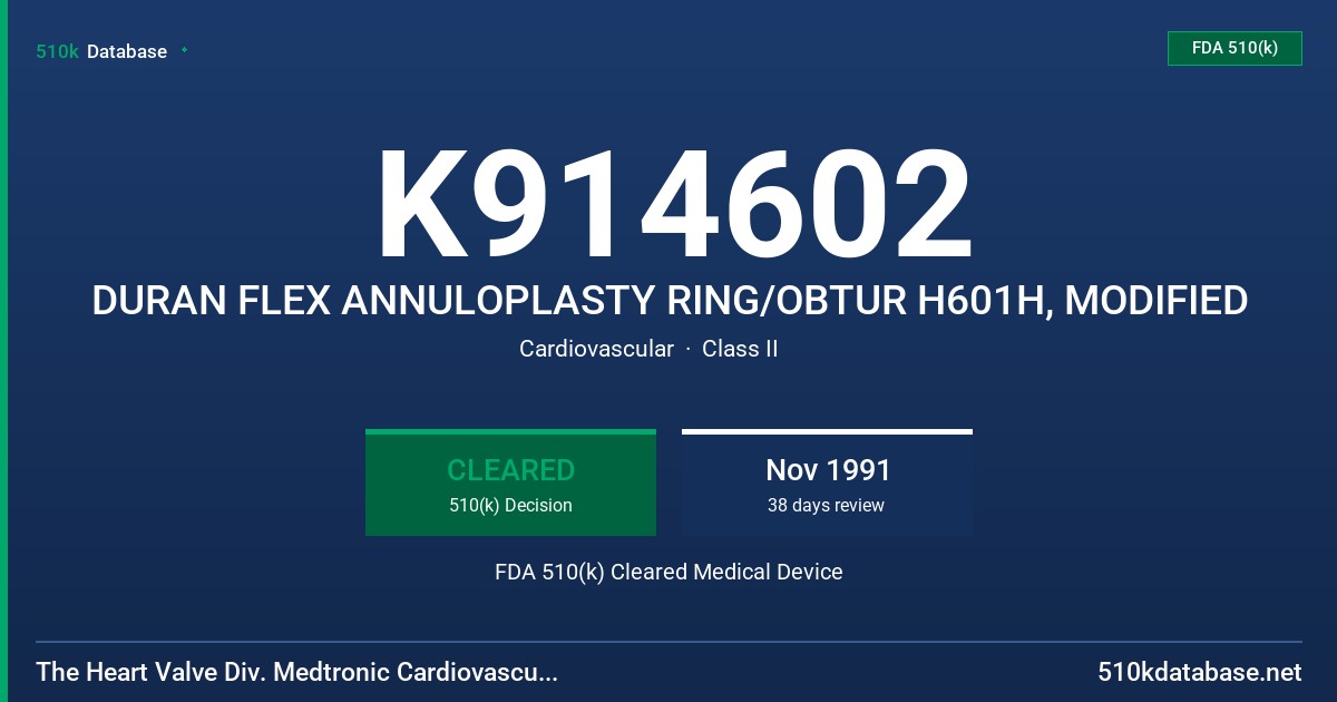 K914602 DURAN FLEX ANNULOPLASTY RING/OBTUR H601H, MODIFIED FDA 510(k) Cleared Medical Device