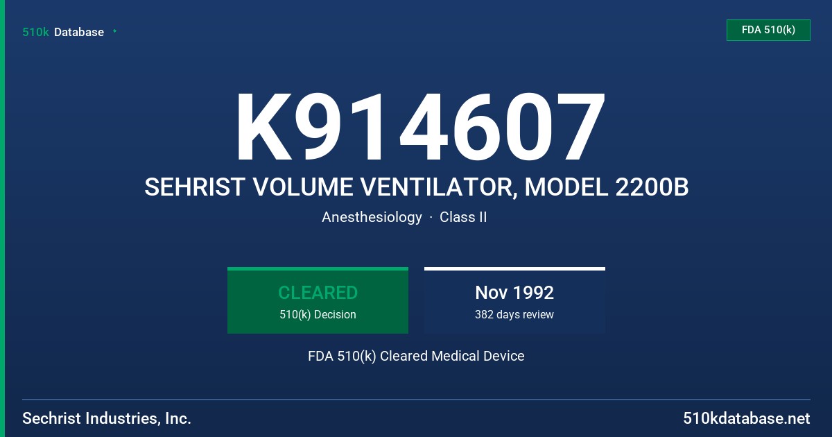 K914607 SEHRIST VOLUME VENTILATOR, MODEL 2200B FDA 510(k) Cleared Medical Device