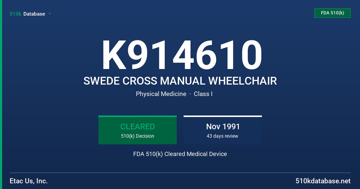 K914610 SWEDE CROSS MANUAL WHEELCHAIR FDA 510(k) Cleared Medical Device