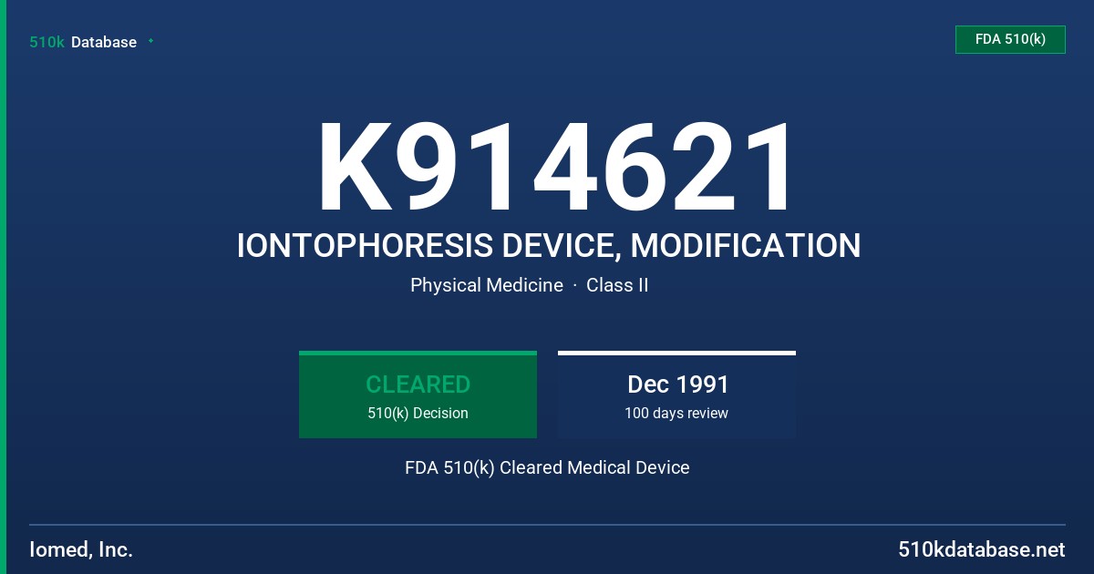 K914621 IONTOPHORESIS DEVICE, MODIFICATION FDA 510(k) Cleared Medical Device
