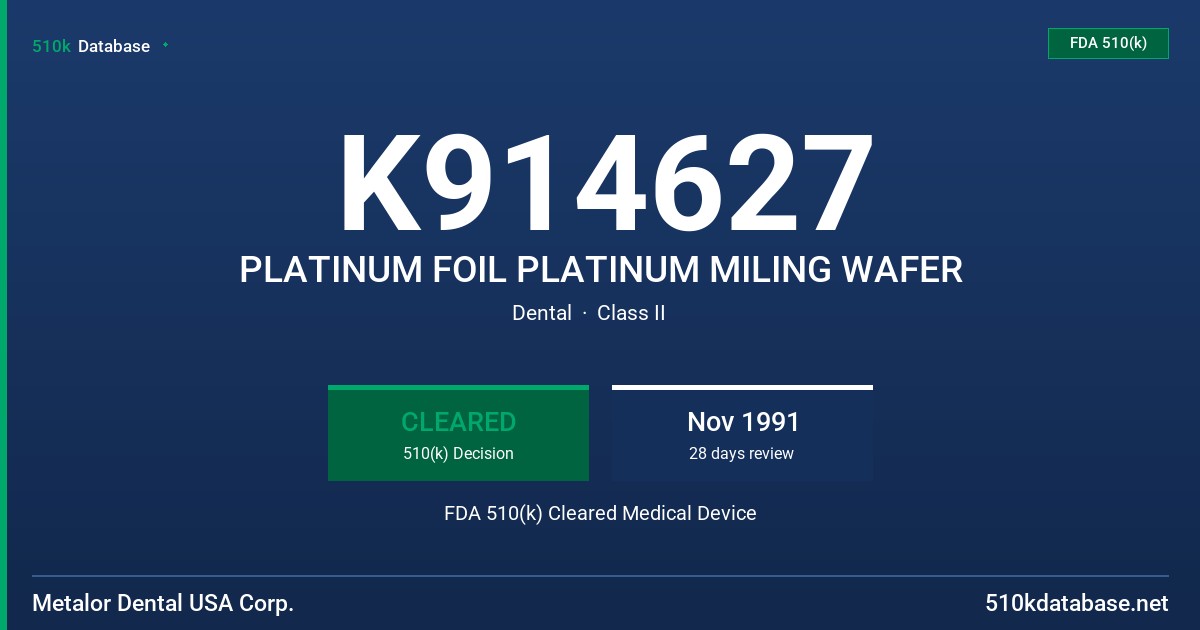 K914627 PLATINUM FOIL PLATINUM MILING WAFER FDA 510(k) Cleared Medical Device
