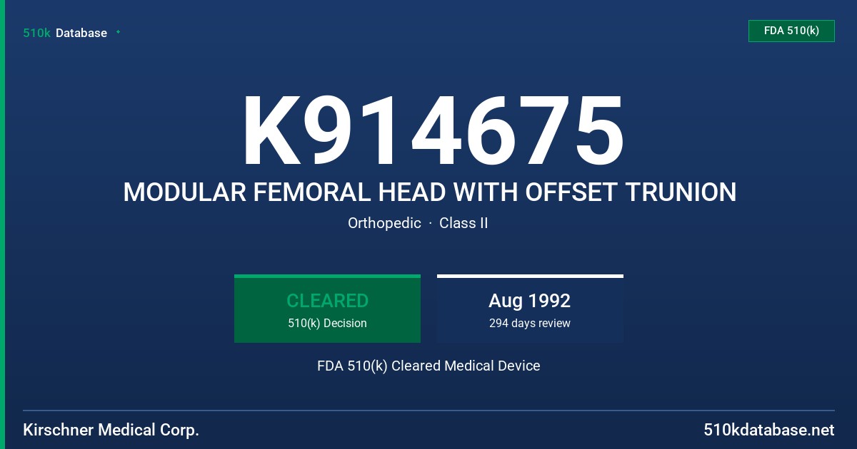 K914675 MODULAR FEMORAL HEAD WITH OFFSET TRUNION FDA 510(k) Cleared Medical Device