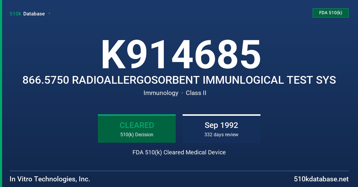 K914685 866.5750 RADIOALLERGOSORBENT IMMUNLOGICAL TEST SYS FDA 510(k) Cleared Medical Device