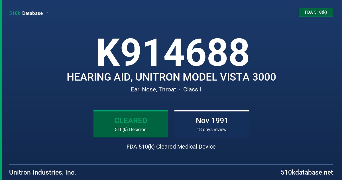 K914688 HEARING AID, UNITRON MODEL VISTA 3000 FDA 510(k) Cleared Medical Device