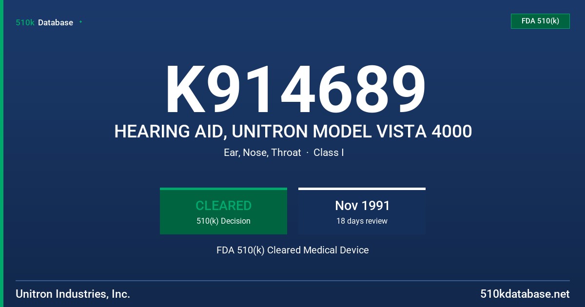 K914689 HEARING AID, UNITRON MODEL VISTA 4000 FDA 510(k) Cleared Medical Device