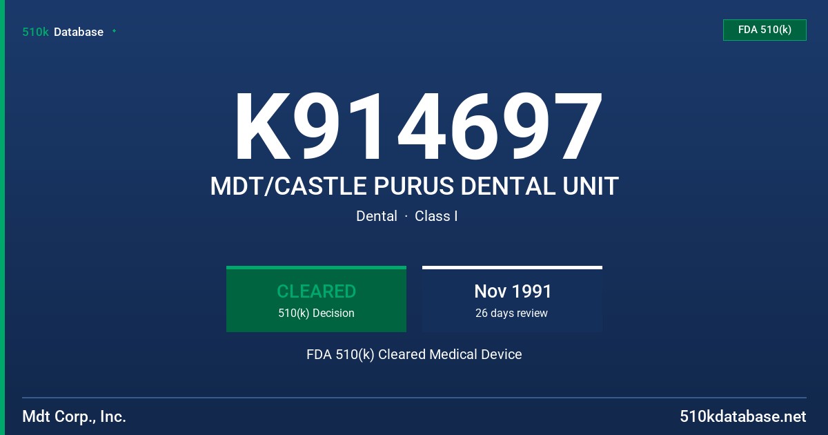 K914697 MDT/CASTLE PURUS DENTAL UNIT FDA 510(k) Cleared Medical Device