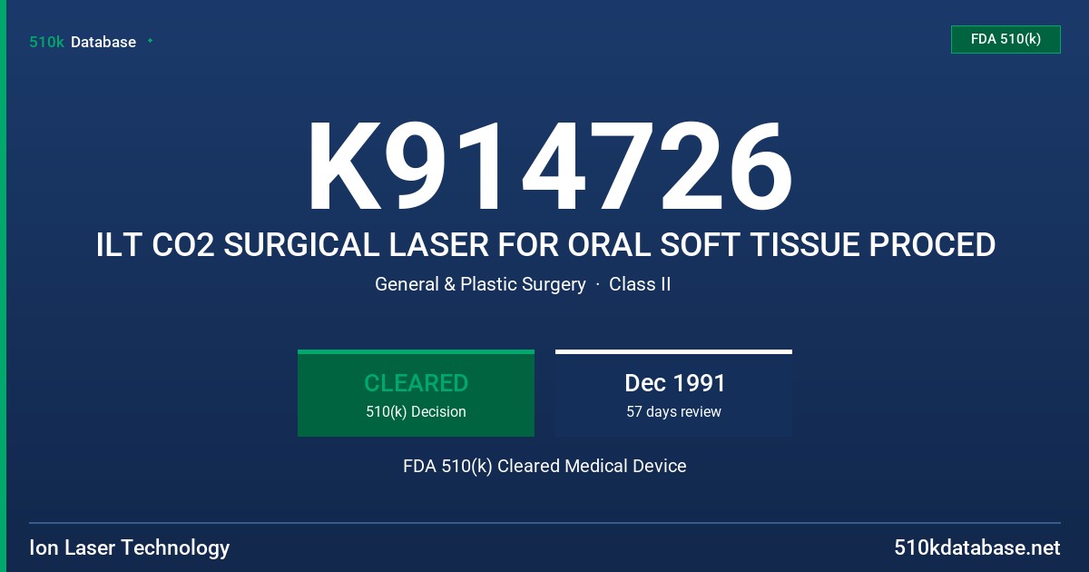 K914726 ILT CO2 SURGICAL LASER FOR ORAL SOFT TISSUE PROCED FDA 510(k) Cleared Medical Device