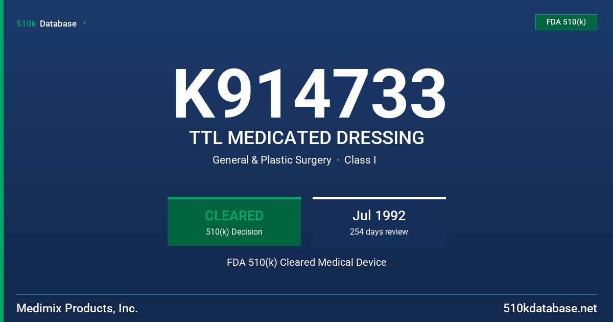 K914733 TTL MEDICATED DRESSING FDA 510(k) Cleared Medical Device
