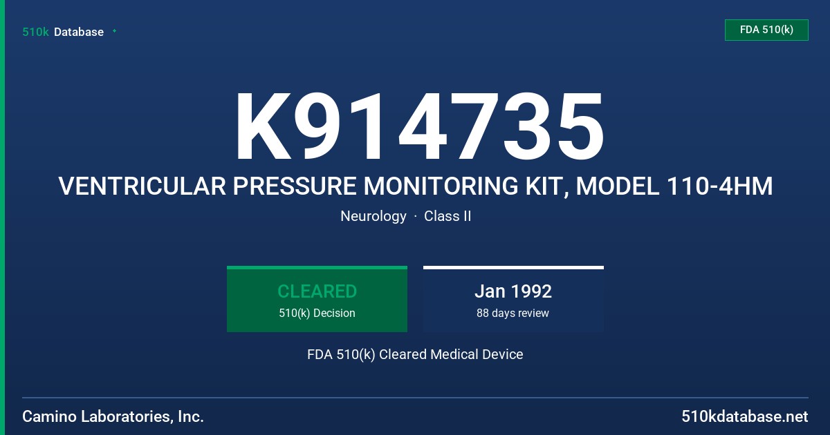 K914735 VENTRICULAR PRESSURE MONITORING KIT, MODEL 110-4HM FDA 510(k) Cleared Medical Device