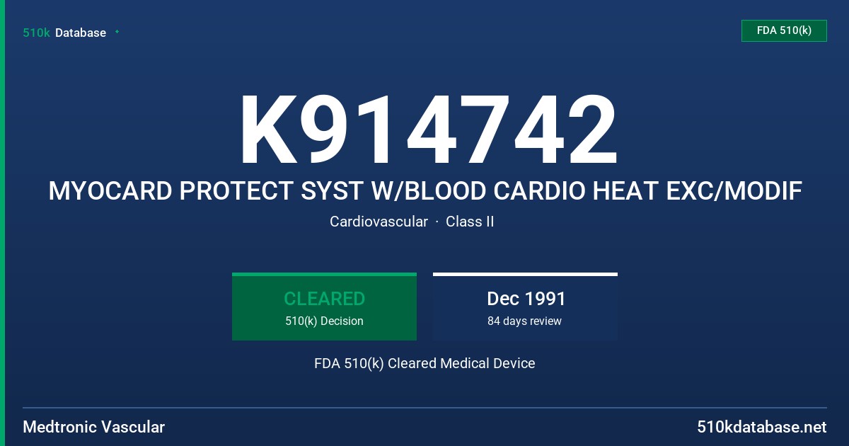 K914742 MYOCARD PROTECT SYST W/BLOOD CARDIO HEAT EXC/MODIF FDA 510(k) Cleared Medical Device