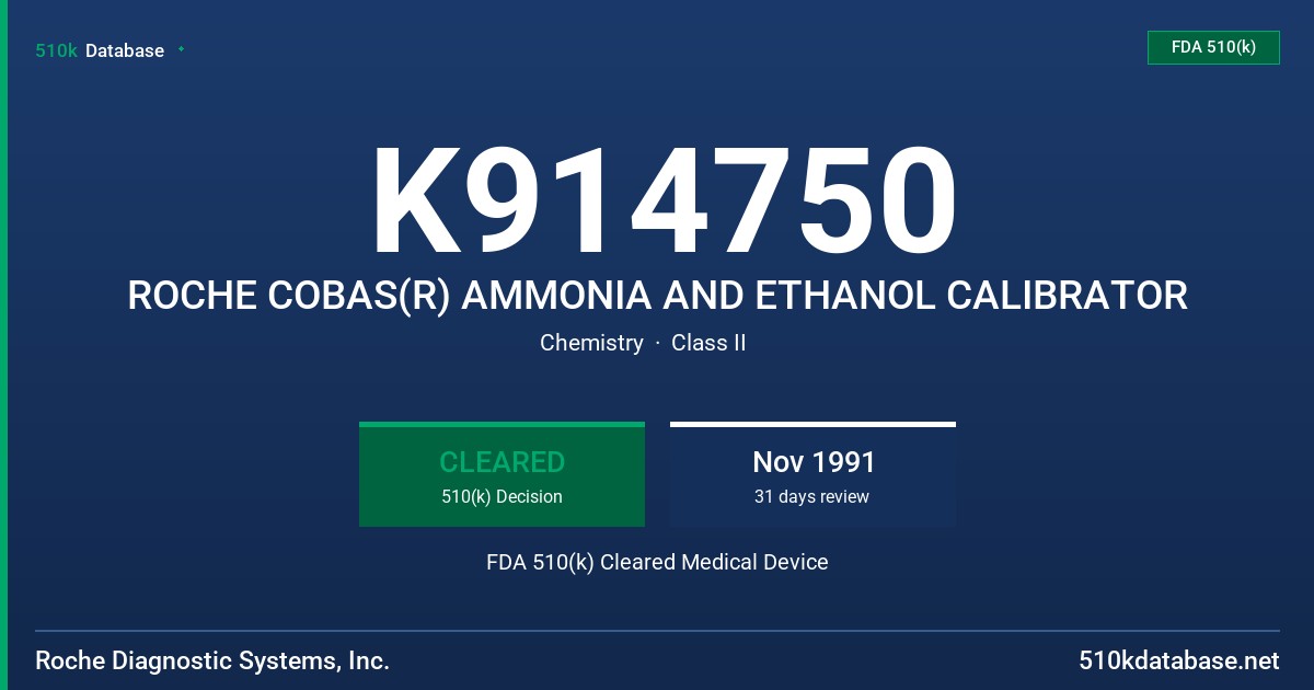 K914750 ROCHE COBAS(R) AMMONIA AND ETHANOL CALIBRATOR FDA 510(k) Cleared Medical Device