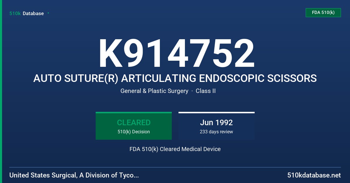 K914752 AUTO SUTURE(R) ARTICULATING ENDOSCOPIC SCISSORS FDA 510(k) Cleared Medical Device