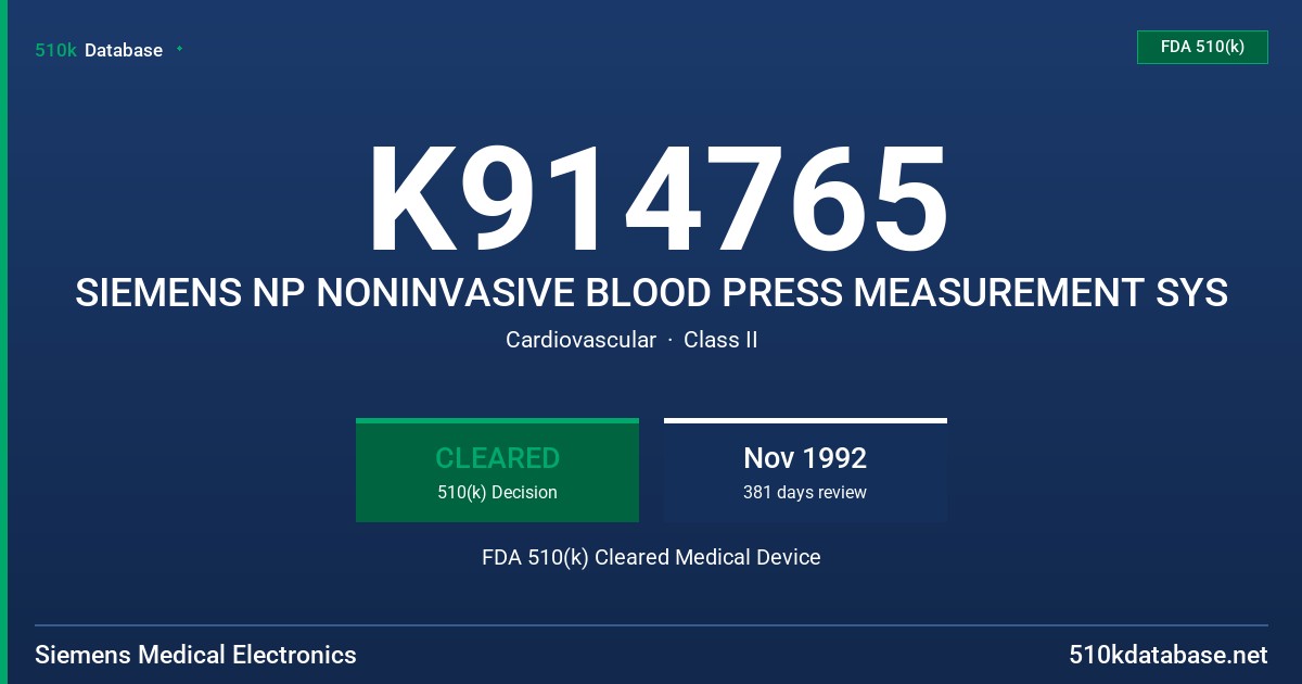 K914765 SIEMENS NP NONINVASIVE BLOOD PRESS MEASUREMENT SYS FDA 510(k) Cleared Medical Device