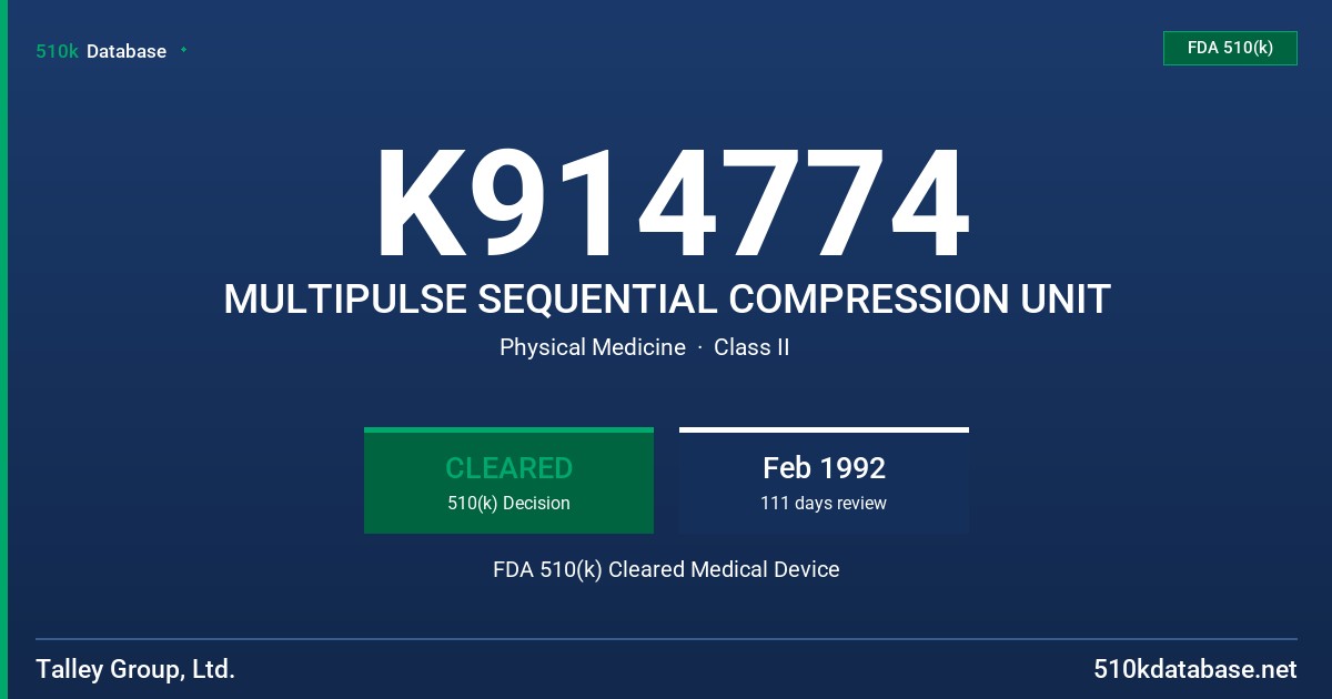 K914774 MULTIPULSE SEQUENTIAL COMPRESSION UNIT FDA 510(k) Cleared Medical Device