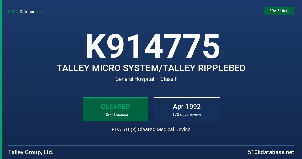 K914775 TALLEY MICRO SYSTEM/TALLEY RIPPLEBED FDA 510(k) Cleared Medical Device