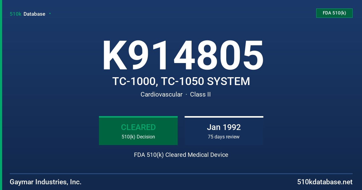 K914805 TC-1000, TC-1050 SYSTEM FDA 510(k) Cleared Medical Device