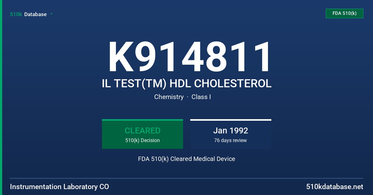 K914811 IL TEST(TM) HDL CHOLESTEROL FDA 510(k) Cleared Medical Device