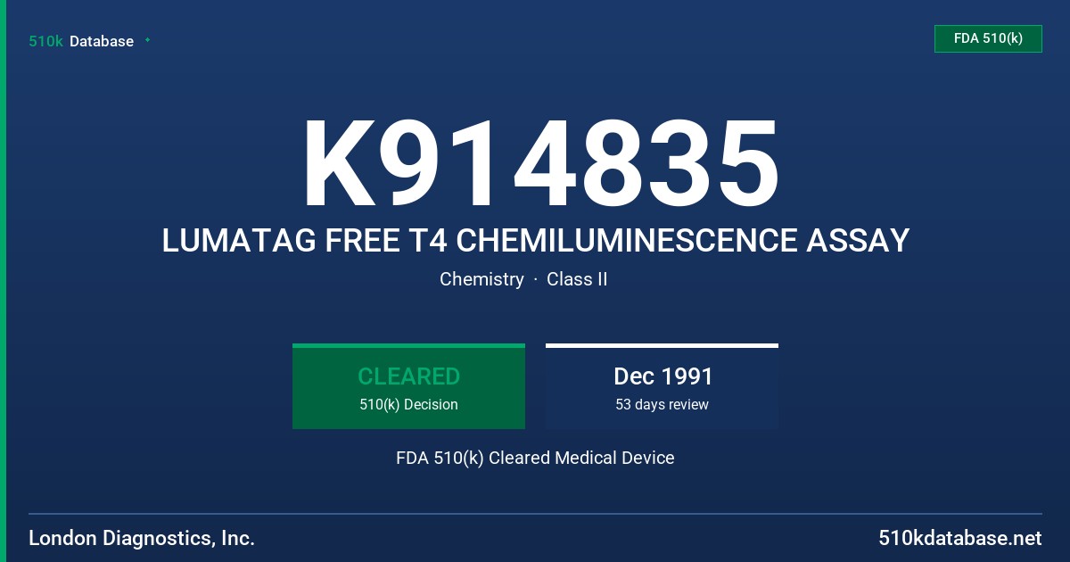 K914835 LUMATAG FREE T4 CHEMILUMINESCENCE ASSAY FDA 510(k) Cleared Medical Device