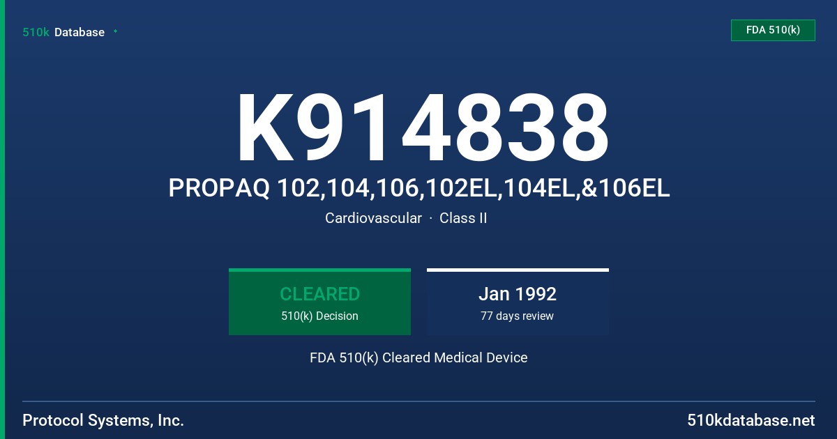 K914838 PROPAQ 102,104,106,102EL,104EL,&106EL FDA 510(k) Cleared Medical Device