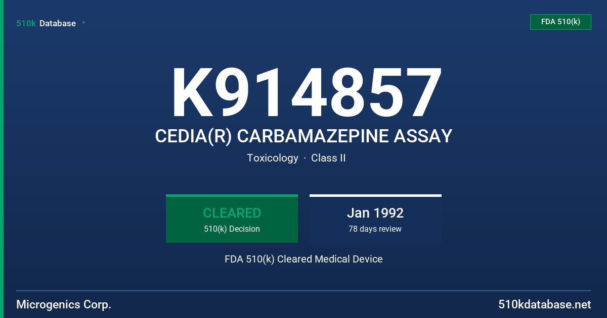 K914857 CEDIA(R) CARBAMAZEPINE ASSAY FDA 510(k) Cleared Medical Device
