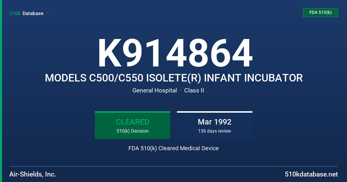 K914864 MODELS C500/C550 ISOLETE(R) INFANT INCUBATOR FDA 510(k) Cleared Medical Device