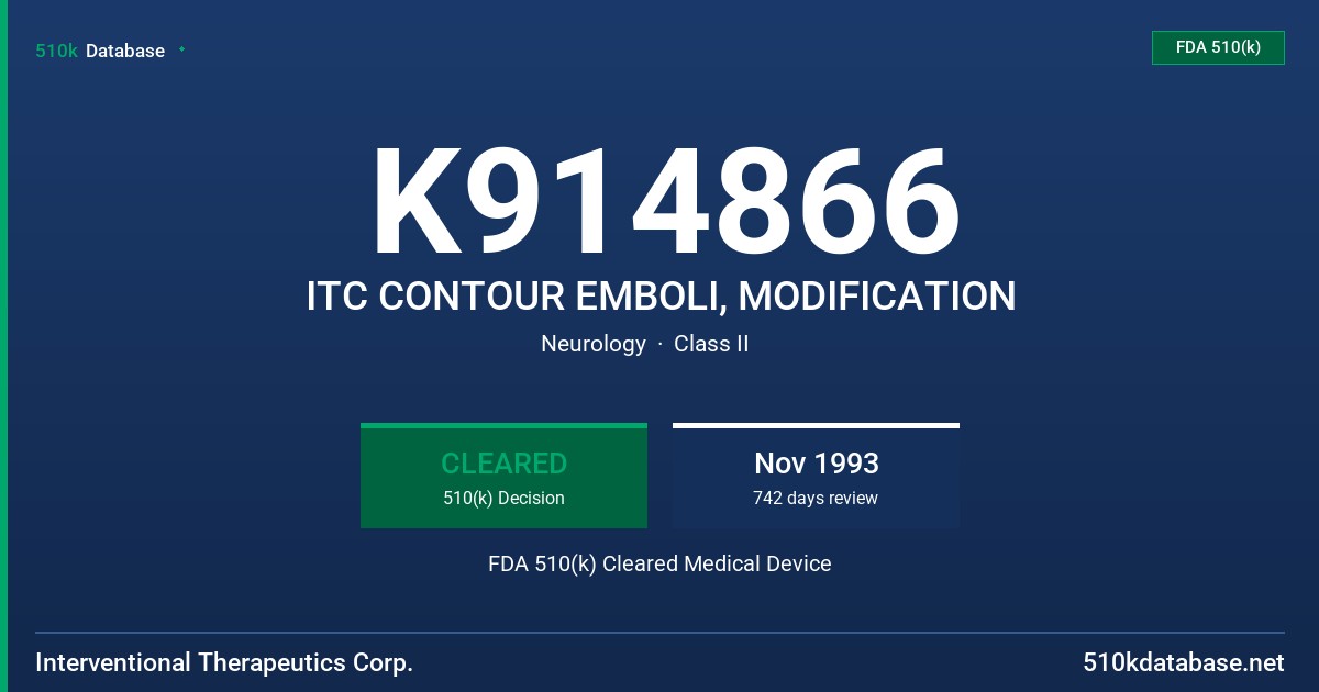 K914866 ITC CONTOUR EMBOLI, MODIFICATION FDA 510(k) Cleared Medical Device