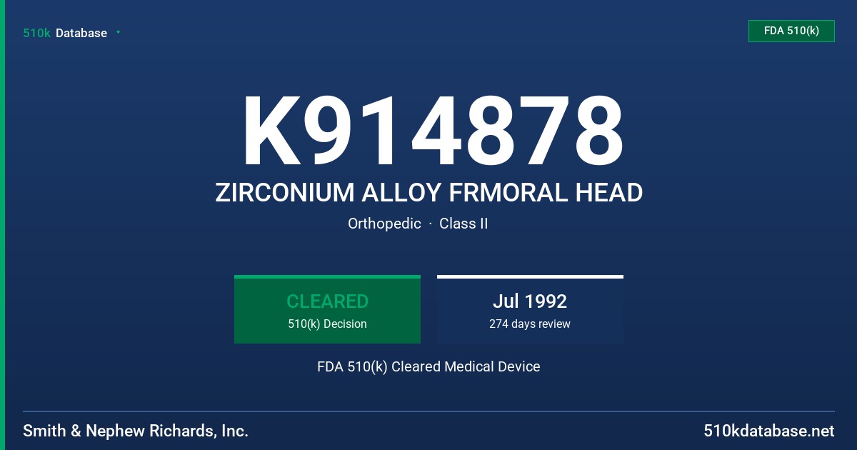 K914878 ZIRCONIUM ALLOY FRMORAL HEAD FDA 510(k) Cleared Medical Device