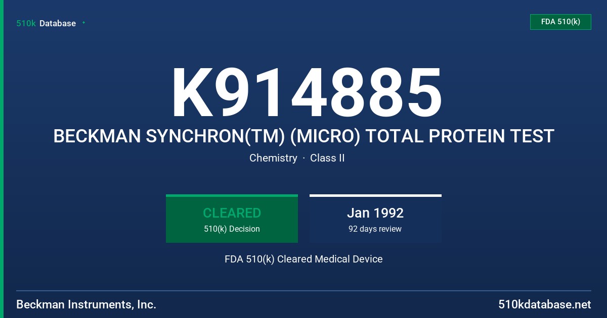 K914885 BECKMAN SYNCHRON(TM) (MICRO) TOTAL PROTEIN TEST FDA 510(k) Cleared Medical Device