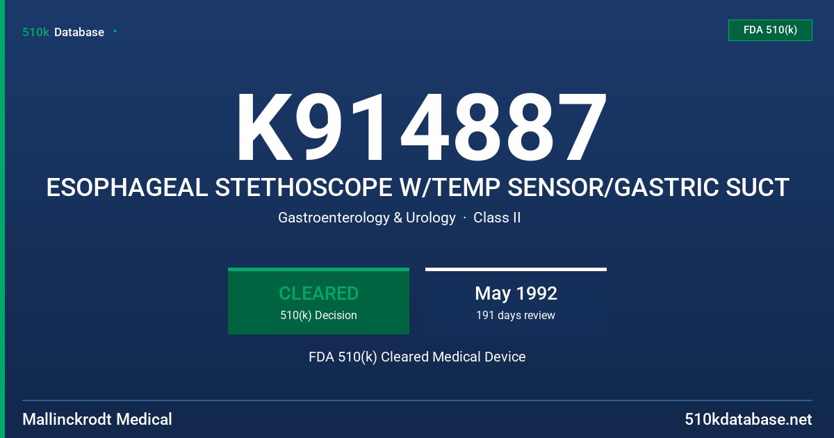 K914887 ESOPHAGEAL STETHOSCOPE W/TEMP SENSOR/GASTRIC SUCT FDA 510(k) Cleared Medical Device